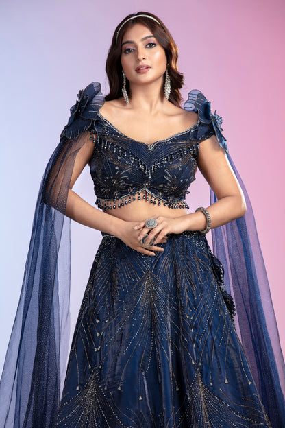 Blue Net Lehenga Set with Sequins, Cutdana & Pearl Embellishments