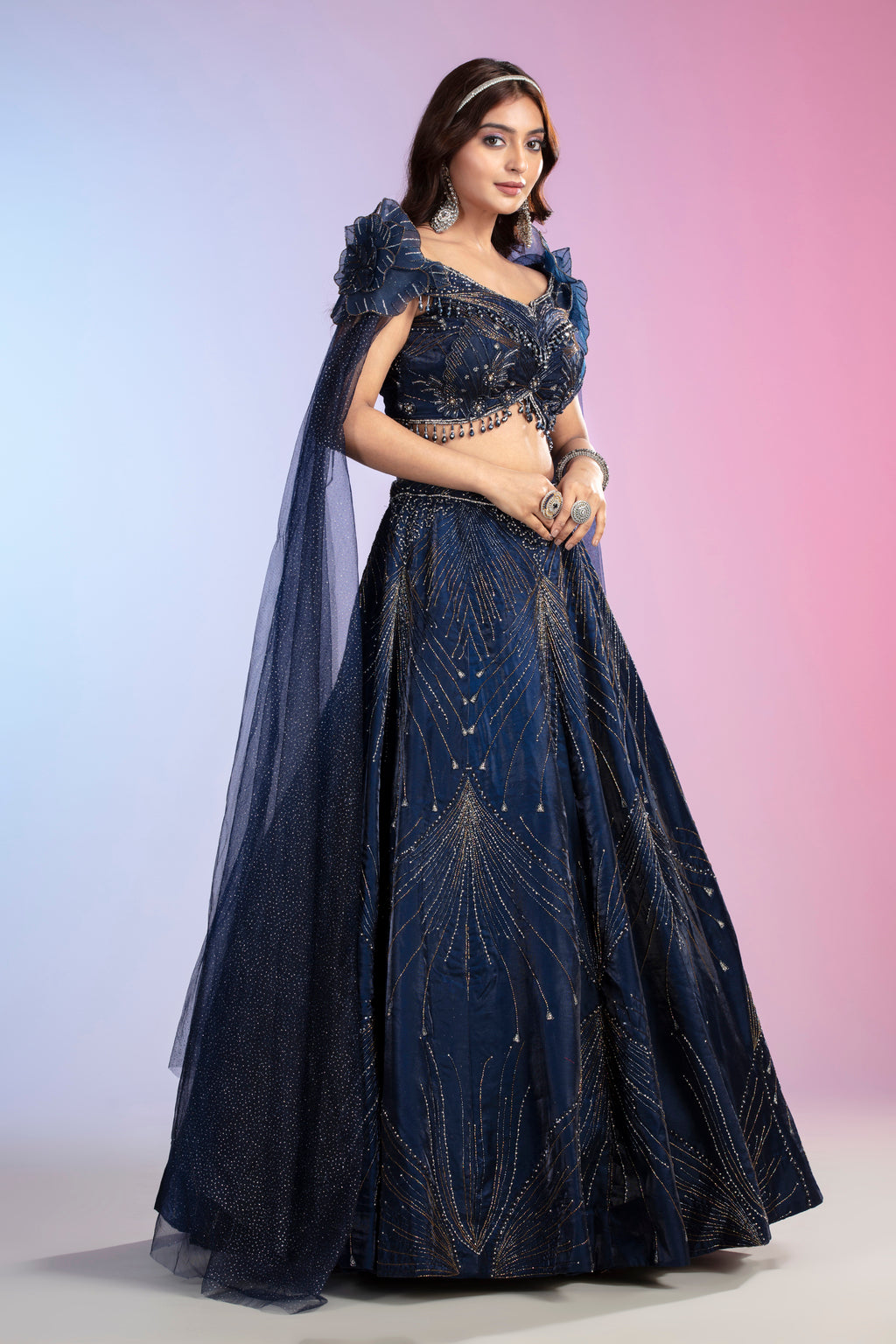 Blue Net Lehenga Set with Sequins, Cutdana & Pearl Embellishments