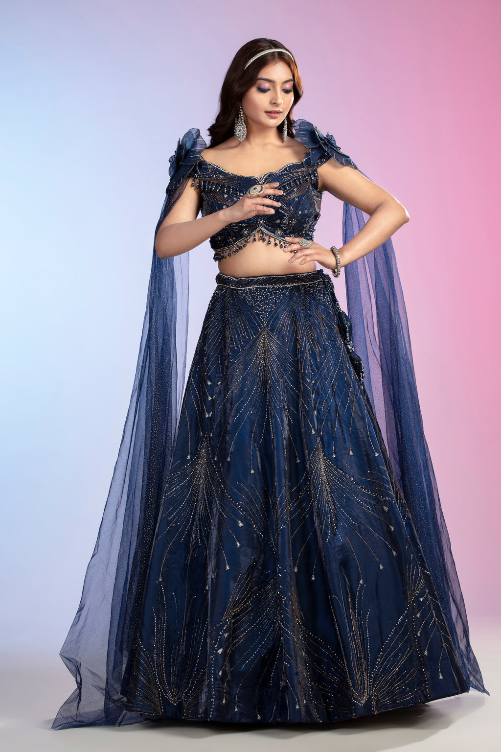 Blue Net Lehenga Set with Sequins, Cutdana & Pearl Embellishments