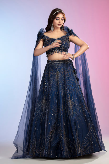 Blue Net Lehenga Set with Sequins, Cutdana & Pearl Embellishments