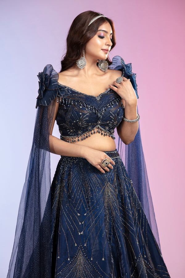 Blue Net Lehenga Set with Sequins, Cutdana & Pearl Embellishments