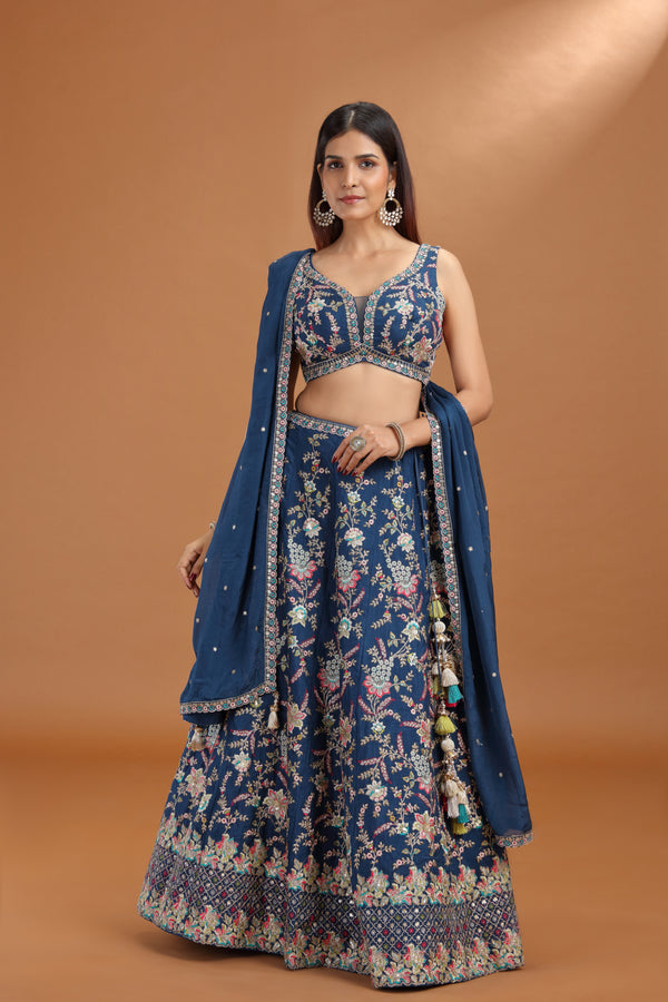 Blue Art Raw Silk Lehenga Set with Crepe Dupatta & Zari Work