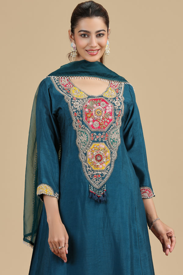 Peacock Blue Raw Silk Kurta Set with Sequins & Pearls