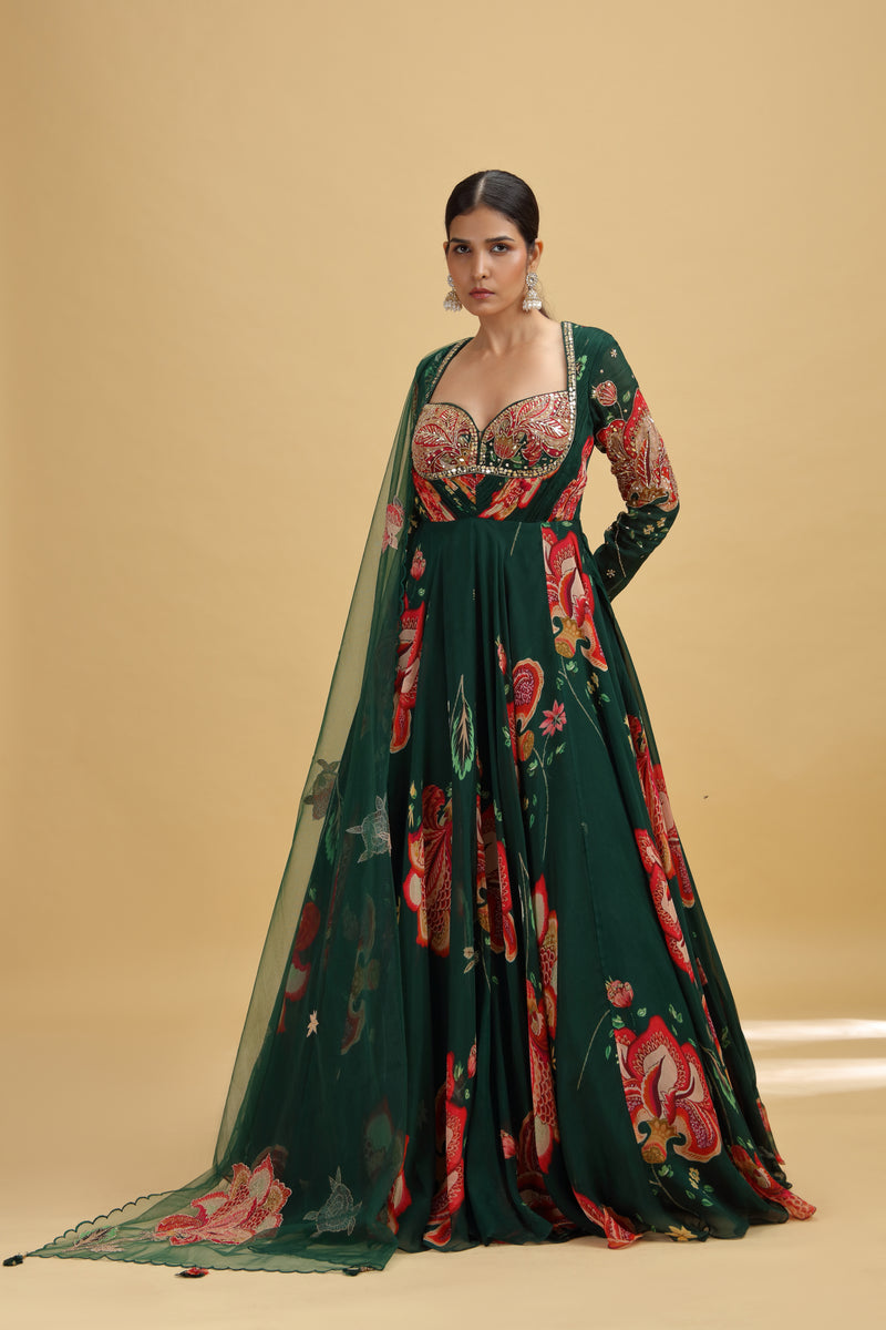 Bottle Green Crepe Gown with Mirror & Resham Work