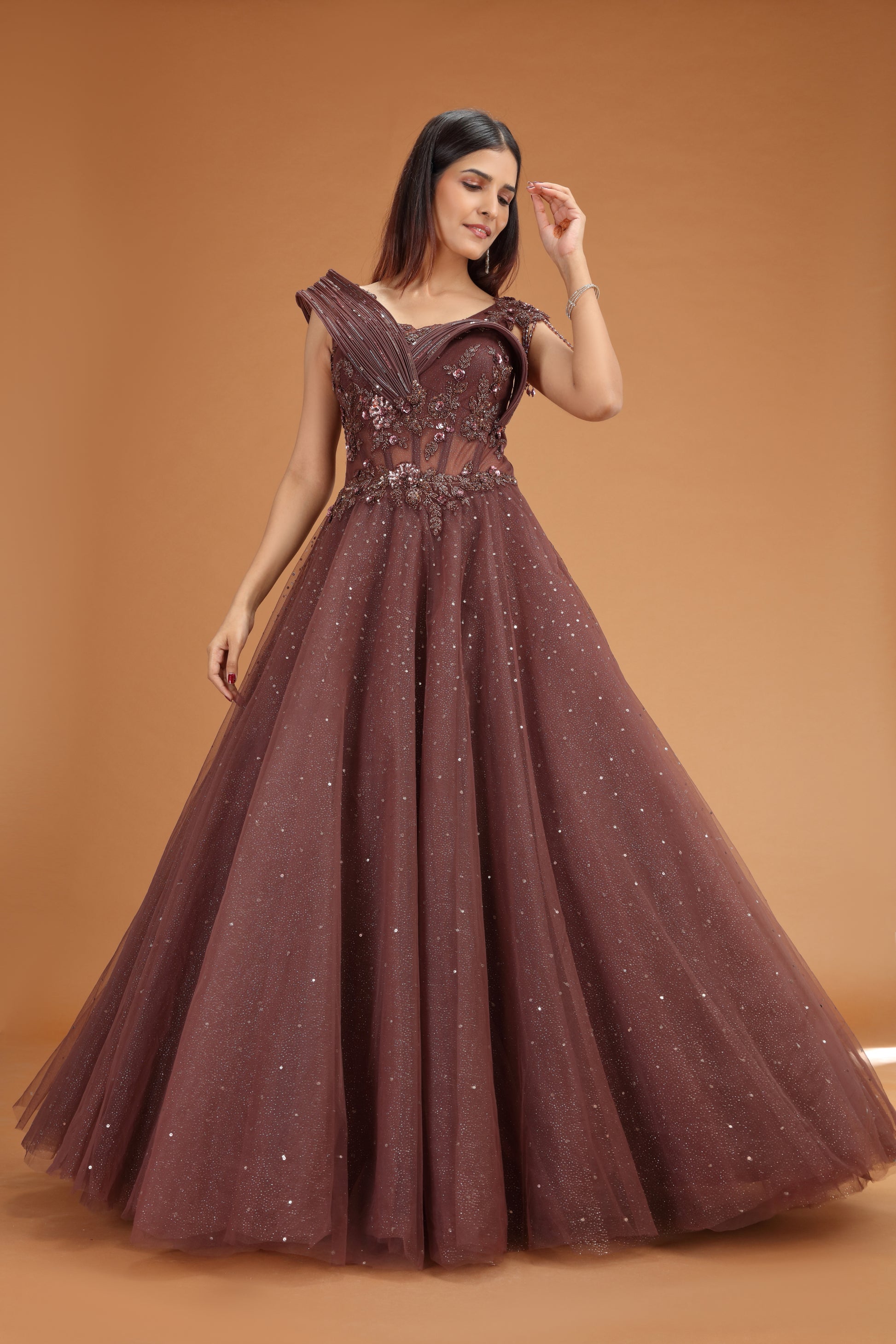 Buy Brown Net Gown with Sequins, Cutdana & Stones Buy Brown Net Gown with Sequins, Cutdana & Stones