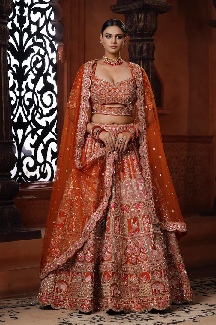Burnt Orange Embroidered Lehenga Set