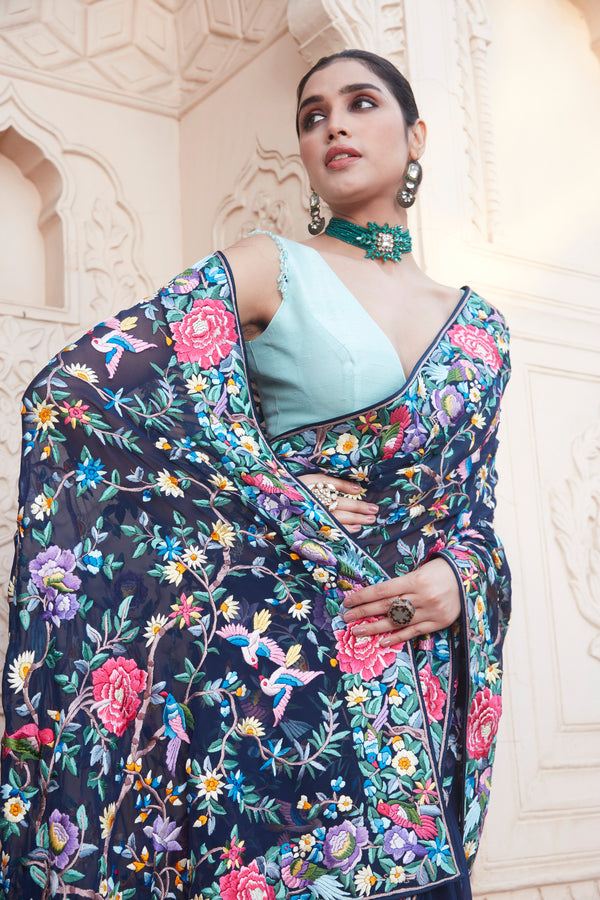 Dark Blue Georgette Saree with Vibrant Bird and Floral Resham Weaving
