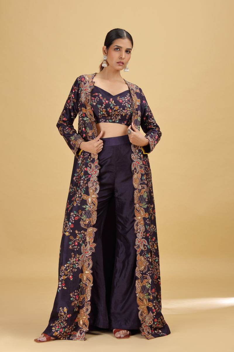 Dark Purple Dola Silk Suit Set with Abla, Moti & Sequins