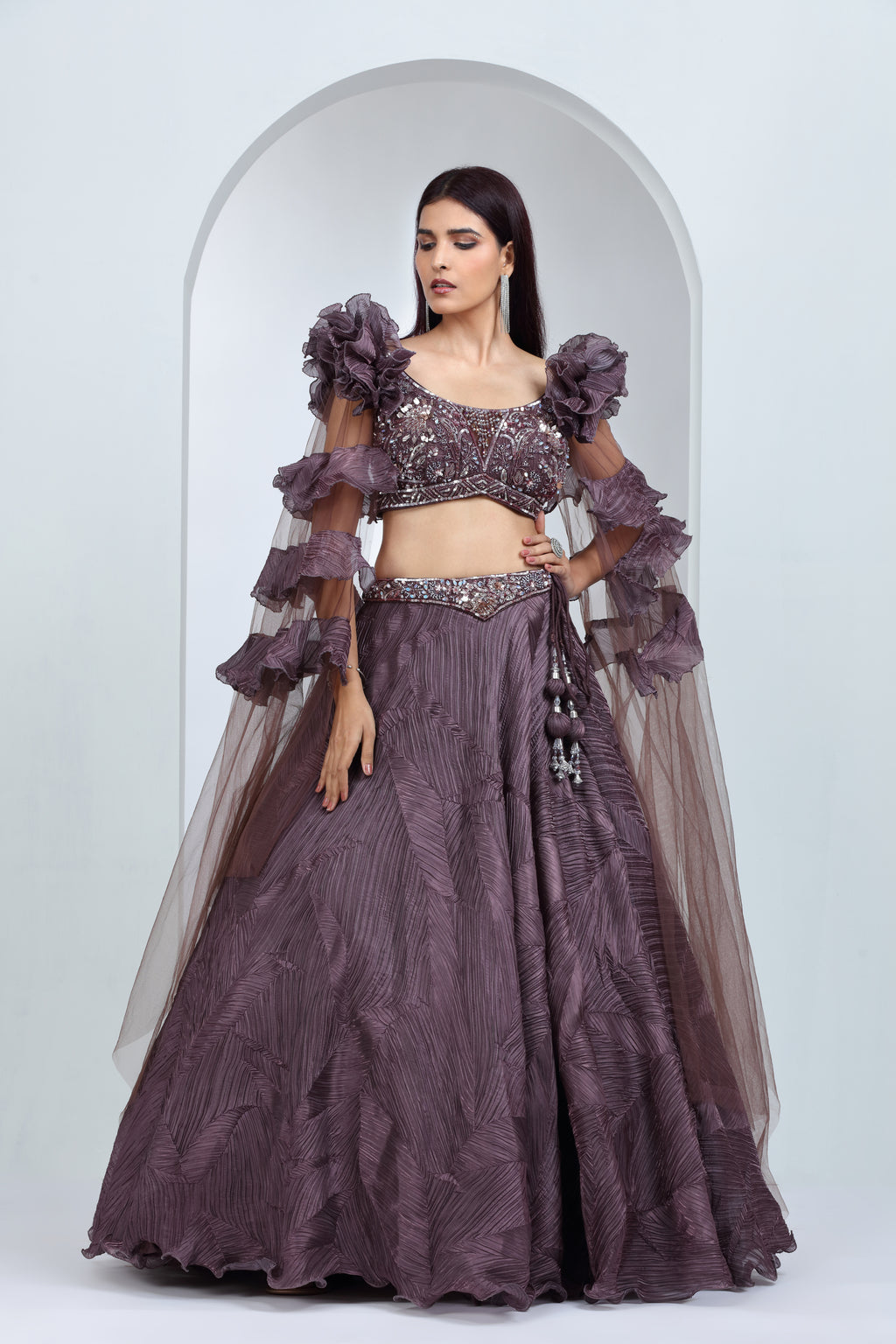 Deep Mauve Net & Tissue Lehenga Ensemble