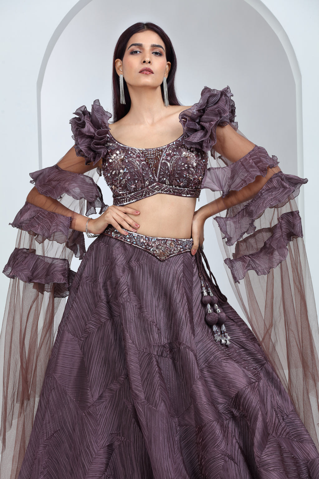 Deep Mauve Net & Tissue Lehenga Ensemble