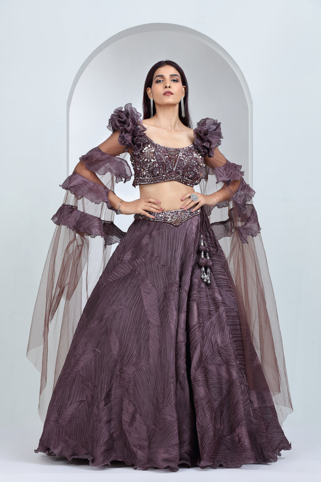 Deep Mauve Net & Tissue Lehenga Ensemble