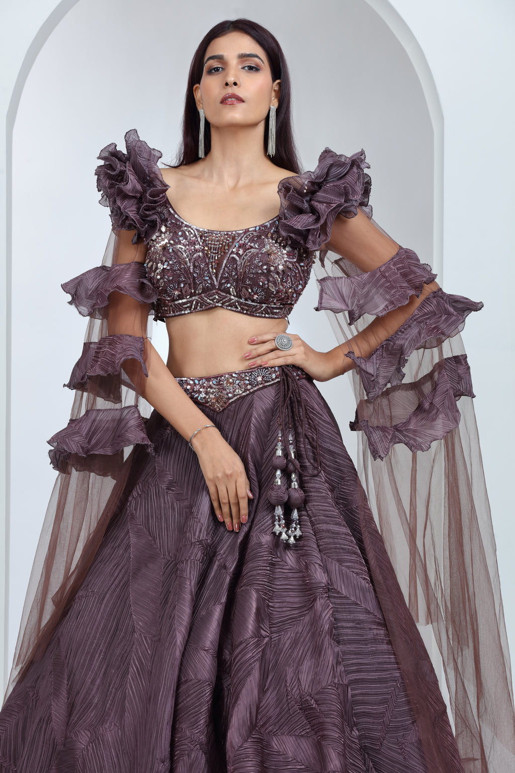 Deep Mauve Net & Tissue Lehenga Ensemble