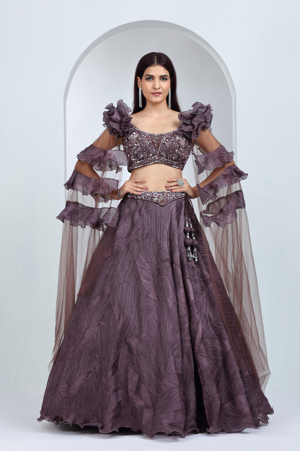 Deep Mauve Net & Tissue Lehenga Ensemble