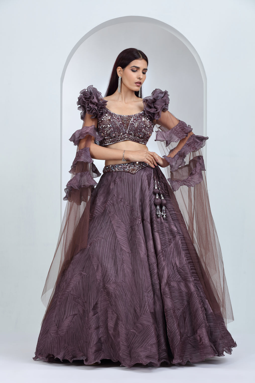 Deep Mauve Net & Tissue Lehenga Ensemble