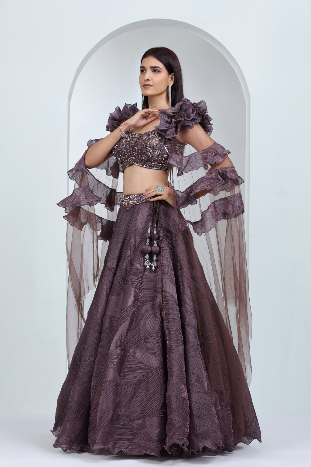 Deep Mauve Net & Tissue Lehenga Ensemble