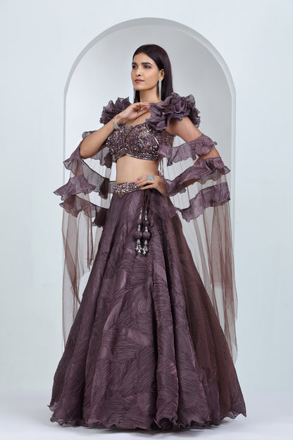 Deep Mauve Net & Tissue Lehenga Ensemble