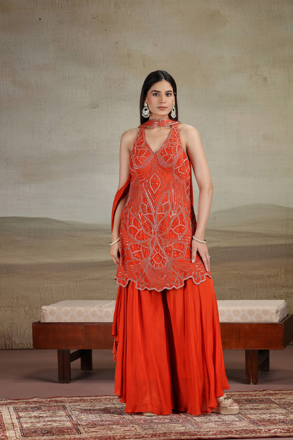 Orange Chinnon Outfit with Cutdana & Zardosi Work
