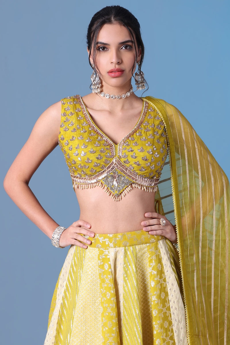 Emerald Green Banarasi Silk Lehenga with Zardosi & Cutdana Work