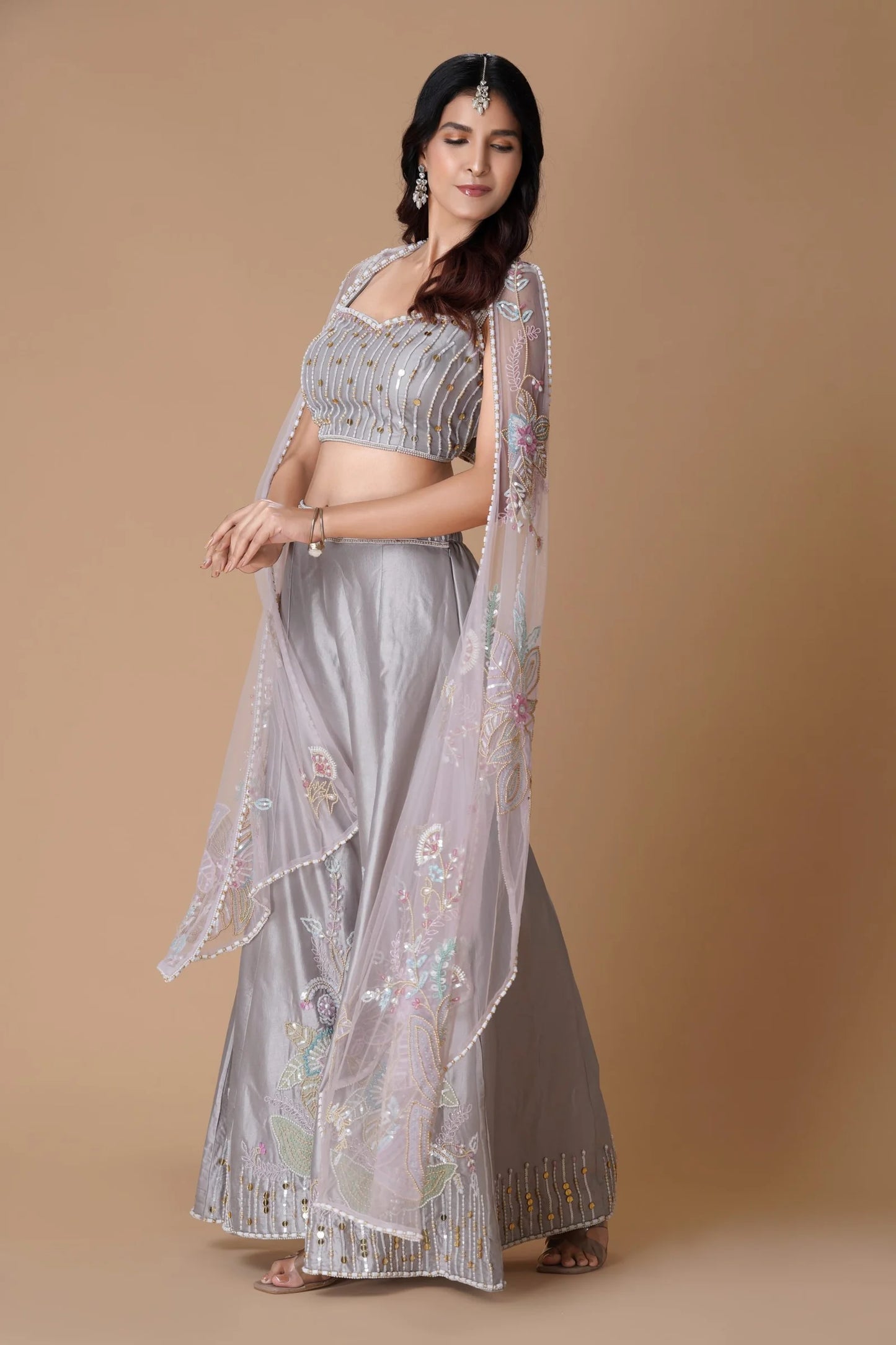 Grey Indo Western Palazzo Set with Dupatta