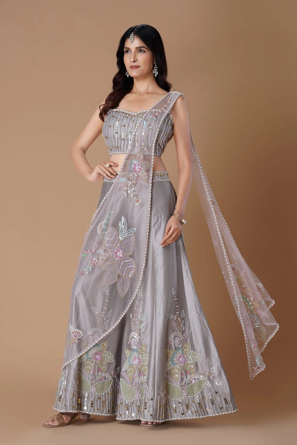 Grey Indo Western Palazzo Set with Dupatta