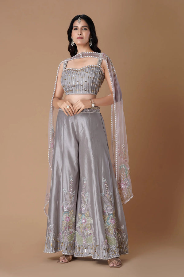 Grey Indo Western Palazzo Set with Dupatta