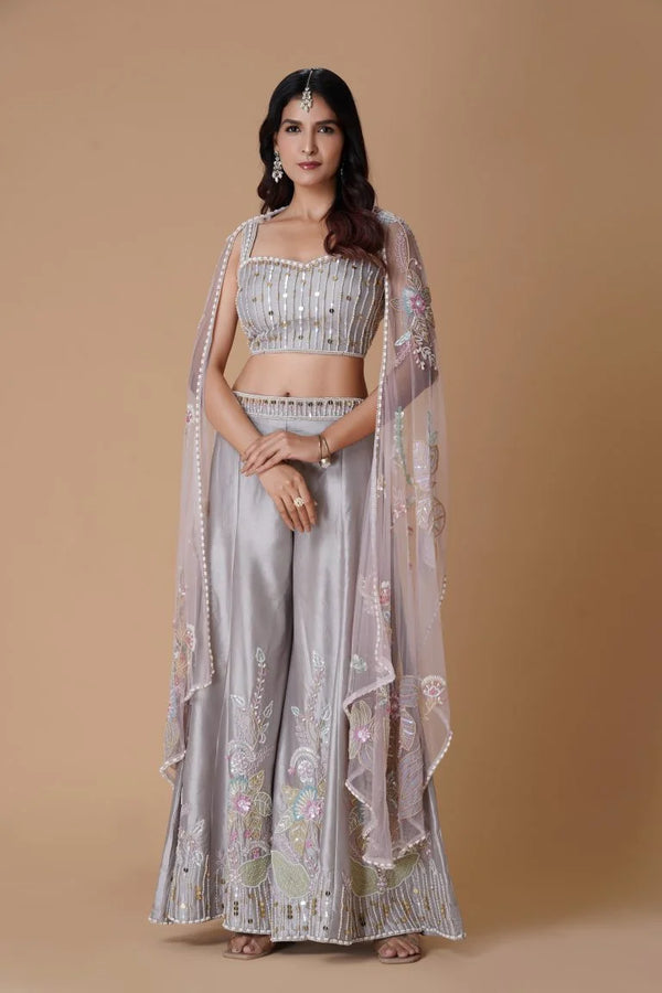 Grey Indo Western Palazzo Set with Dupatta