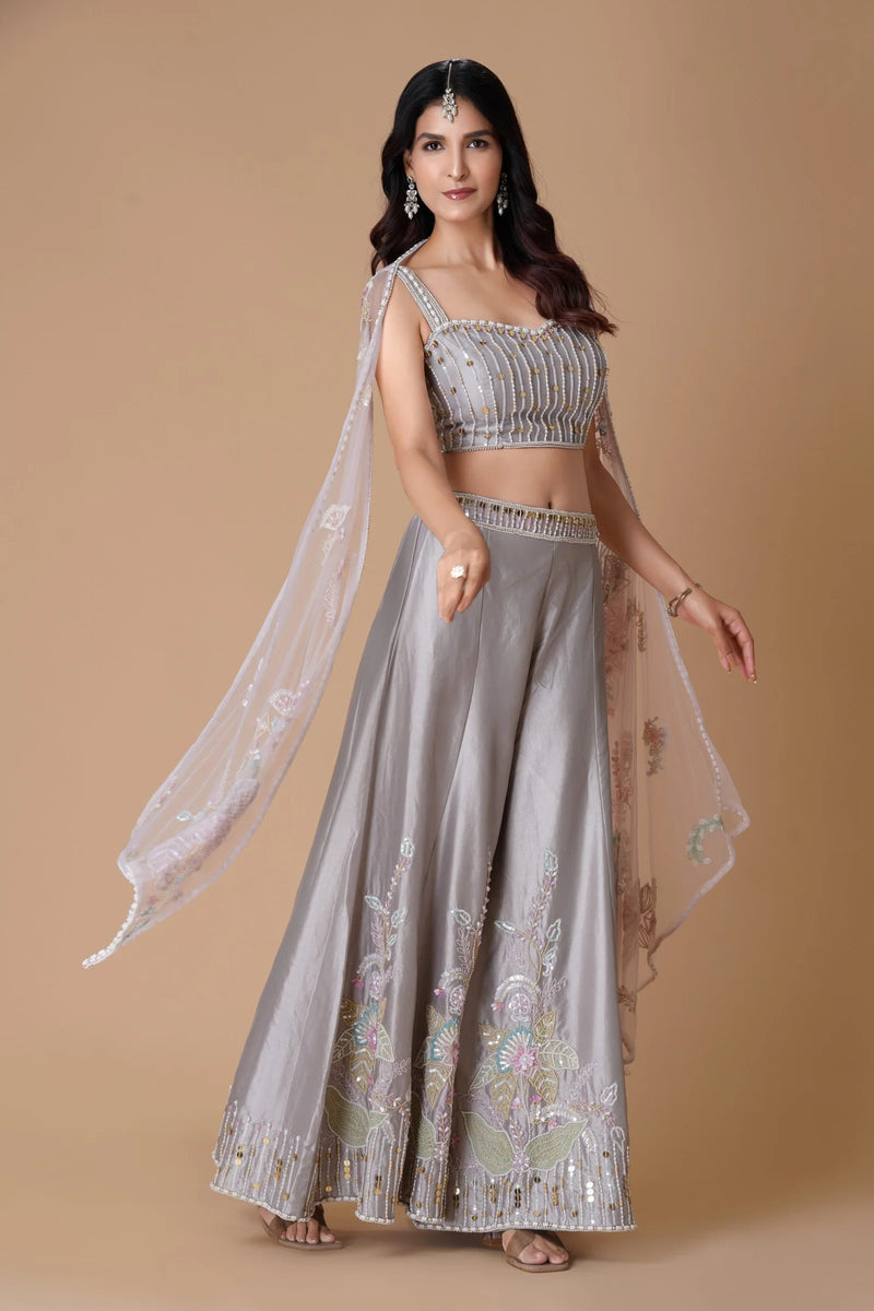 Grey Indo Western Palazzo Set with Dupatta