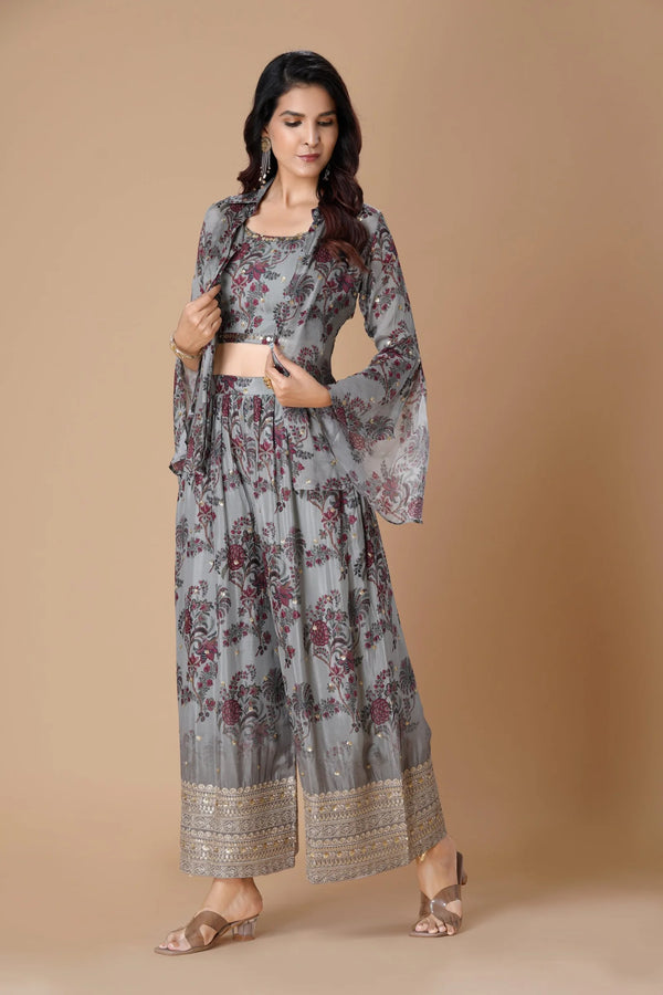 Lush Grey Printed Indo-Western Sharara Set