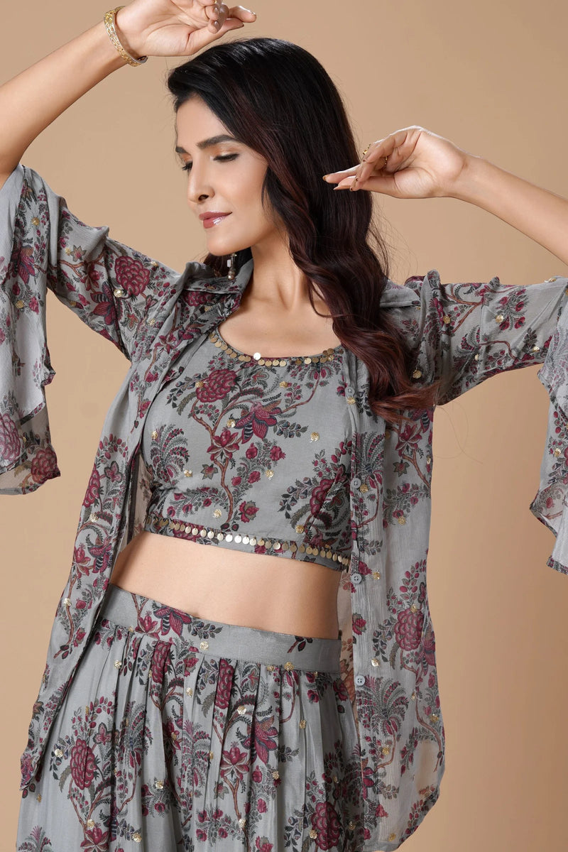 Lush Grey Printed Indo-Western Sharara Set