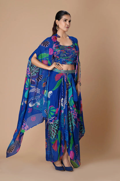 Royal Blue Printed Embellished Indo Western Skirt Set
