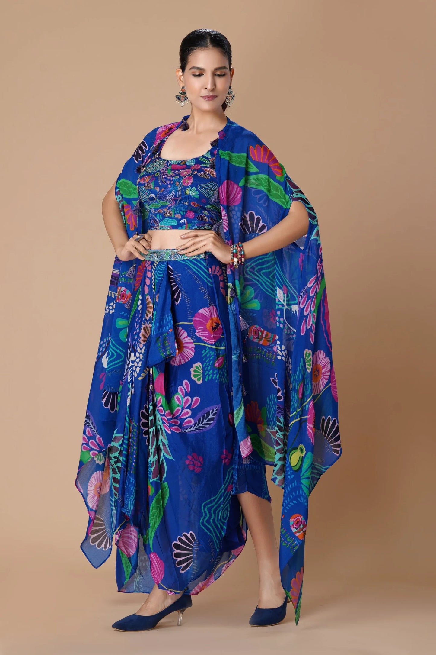 Royal Blue Printed Embellished Indo Western Skirt Set