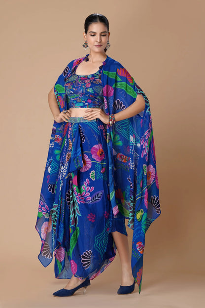 Royal Blue Printed Embellished Indo Western Skirt Set