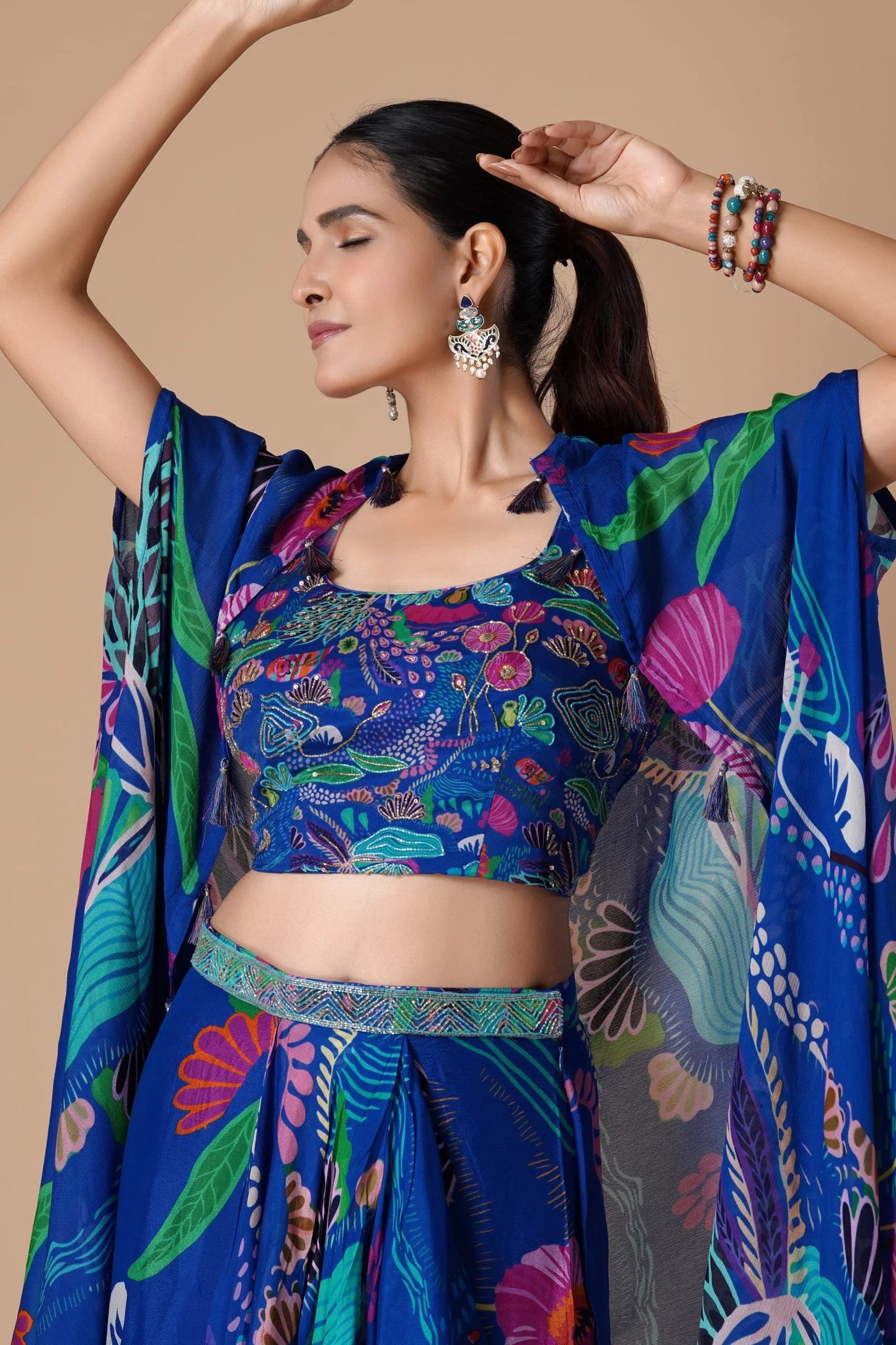 Royal Blue Printed Embellished Indo Western Skirt Set