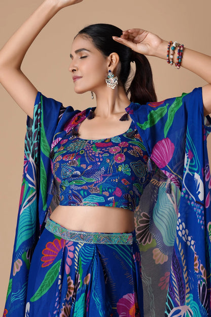 Royal Blue Printed Embellished Indo Western Skirt Set