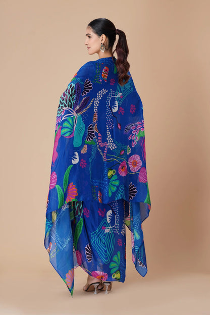 Royal Blue Printed Embellished Indo Western Skirt Set