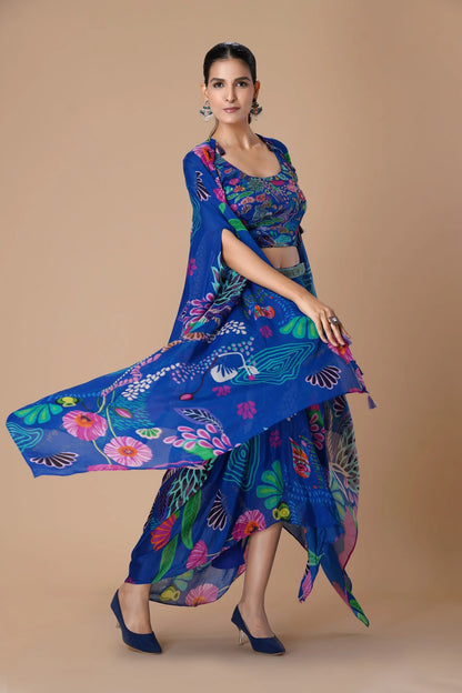 Royal Blue Printed Embellished Indo Western Skirt Set