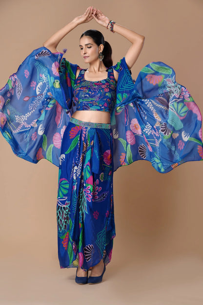 Royal Blue Printed Embellished Indo Western Skirt Set