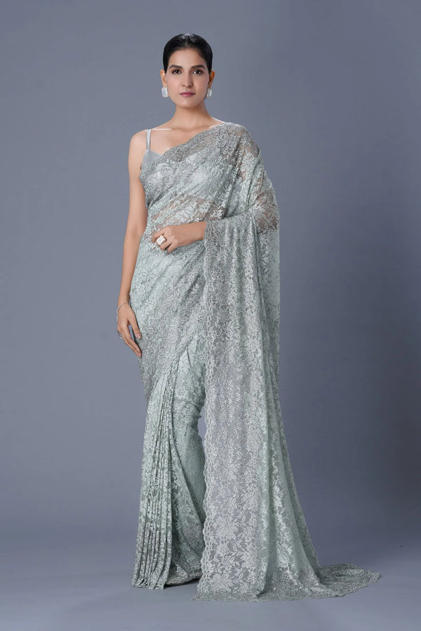 Mint Chantilly Lace Saree with Swarovski Detailing