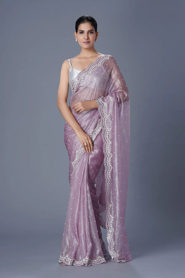 Mauve Tissue Organza Saree with Abla, Sequins, Cutdana & Pearls