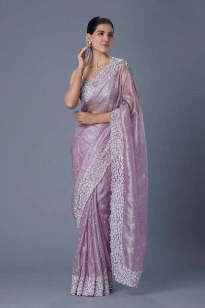 Pastel Mauve Saree with Sequin & Pearl Embroidery