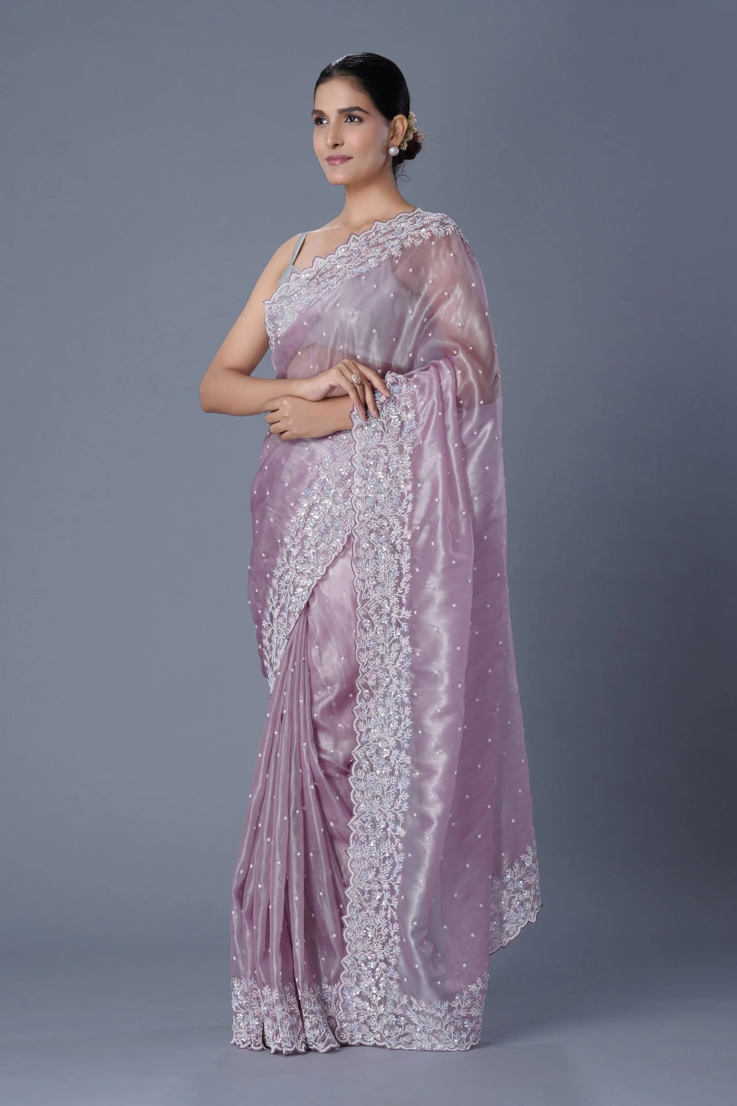Pastel Mauve Saree with Sequin & Pearl Embroidery