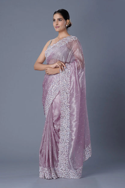 Pastel Mauve Saree with Sequin & Pearl Embroidery