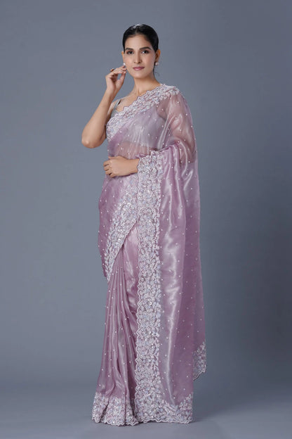 Pastel Mauve Saree with Sequin & Pearl Embroidery