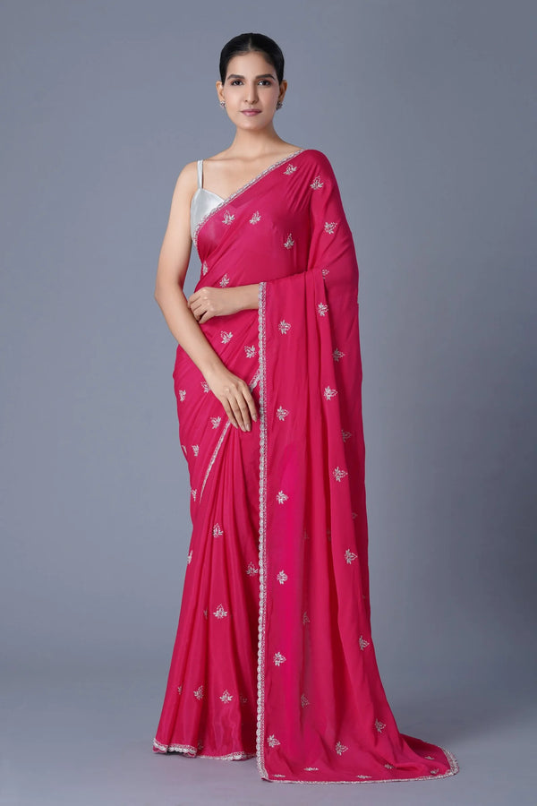 Red Chinnon Saree with Cutdana & Stone Embellishments