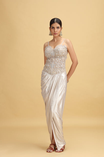 Gold Net Salwar Kameez Set with Kundan, Beads & Pearl Work