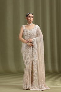 Woman wearing a gold net saree with intricate patterns against a green curtain background