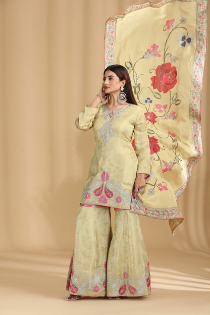 Woman wearing a light green tissue embroidered traditional outfit with a matching dupatta on a beige background