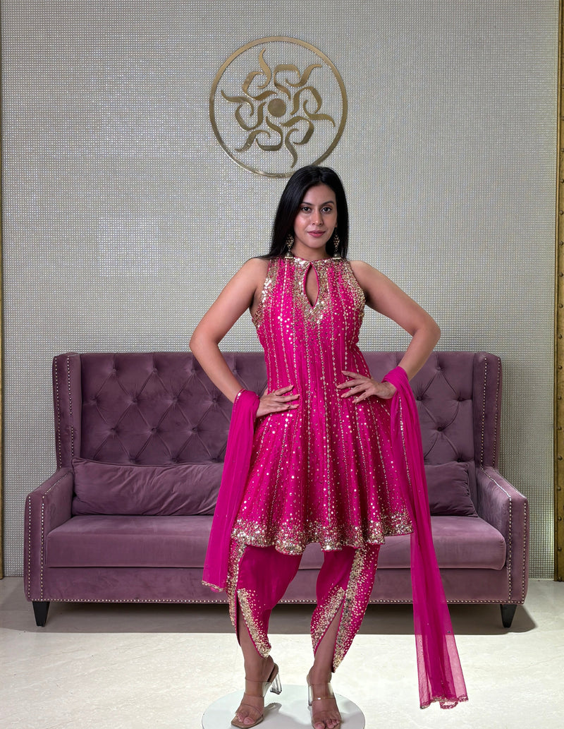 Pink Raw Silk Salwar Suit with Net Dupatta and Mirror Work
