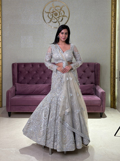 Grey Net Lehenga Set with Pearls, Sequins & Stone Embellishments