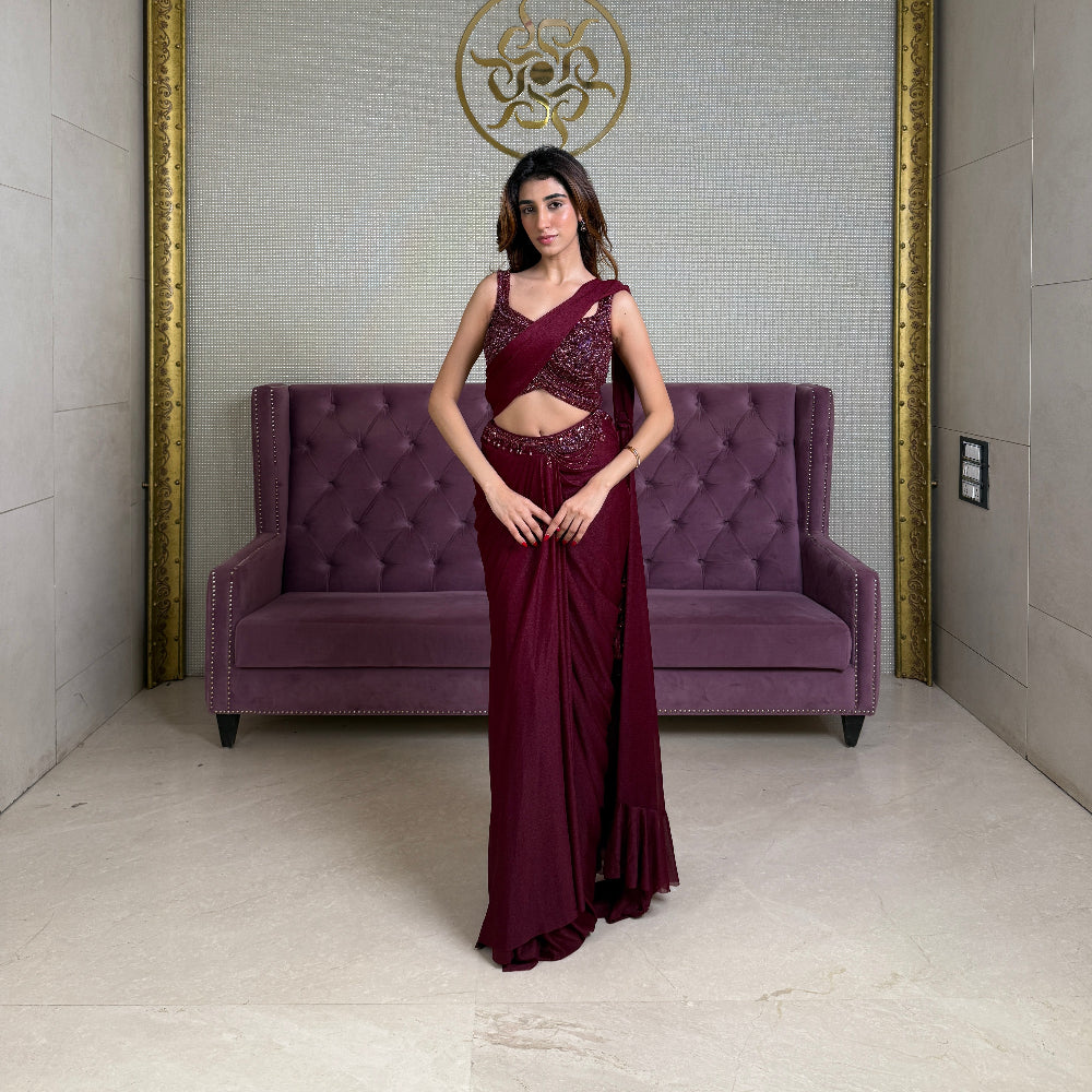Embellished Ready-To-Wear Red Crepe Saree with Stitched Blouse